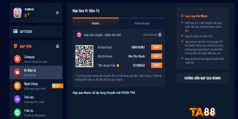 Phương pháp nạp tiền Ta88 Thông qua ví momo 
